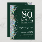 Eleganter Glitzer Emerald Green 80. Geburtstag Einladung (Vorne/Hinten)