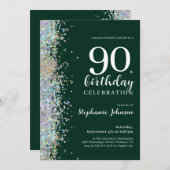 Eleganter Glitzer Emerald Green 90. Geburtstag Einladung (Vorne/Hinten)