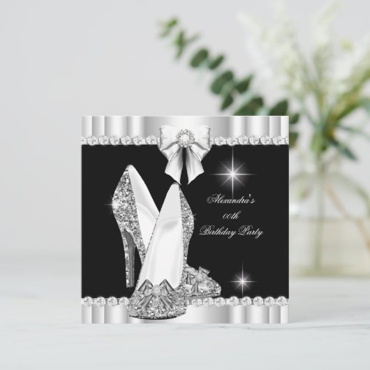Eleganter Glitzer Glamour Hi Heelses Silver Black Einladung (Stehend Vorderseite)
