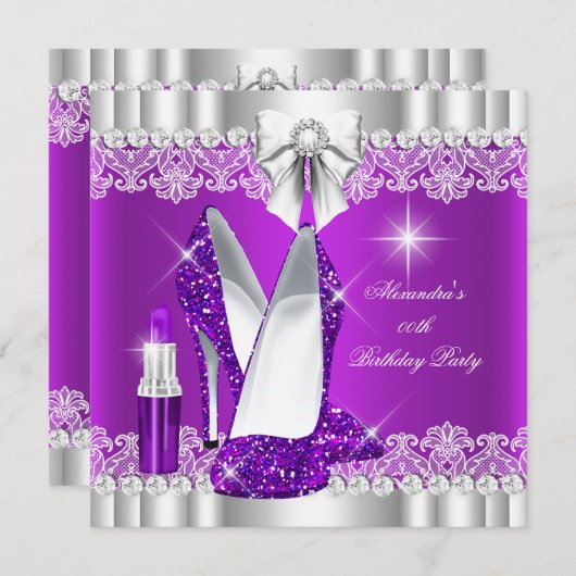 Eleganter Glitzer Glamour Lila Hi Heelses Lipstick Einladung (Vorne/Hinten)