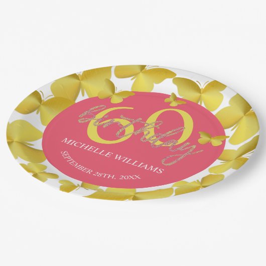 Eleganter Glitzer Gold Butterfly Calligrafy Pappteller (Schrägansicht)