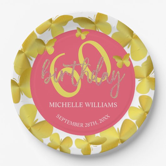 Eleganter Glitzer Gold Butterfly Calligrafy Pappteller (Vorderseite)