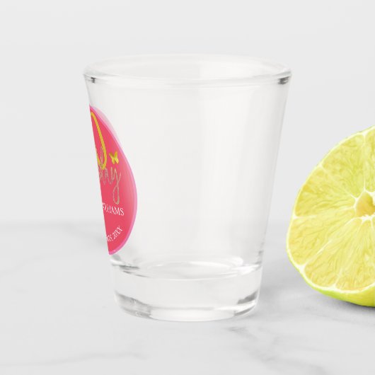 Eleganter Glitzer Gold Butterfly Calligrafy Schnapsglas (Rechts)