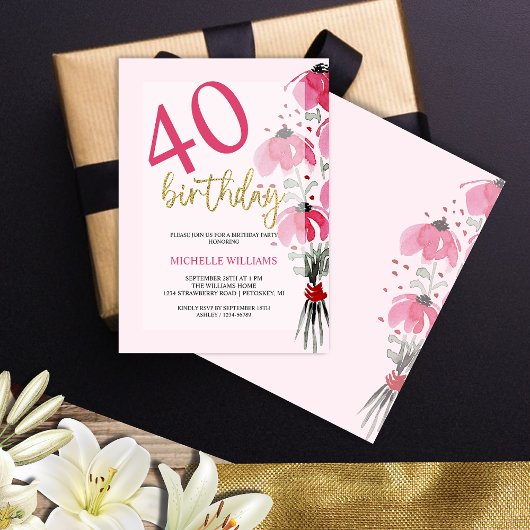 Eleganter Glitzer Gold Calligraphy Floral Geburtst Einladung