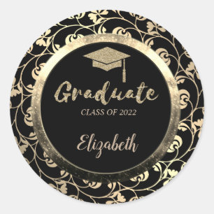 Eleganter Glitzer Gold Grad Cap, floral Runder Aufkleber
