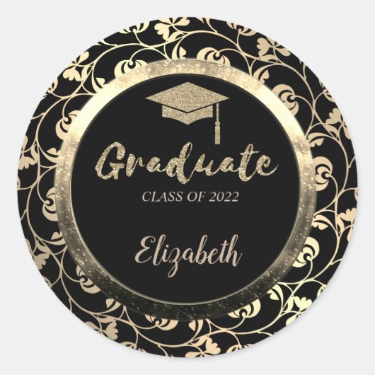 Eleganter Glitzer Gold Grad Cap, floral Runder Aufkleber (Vorderseite)