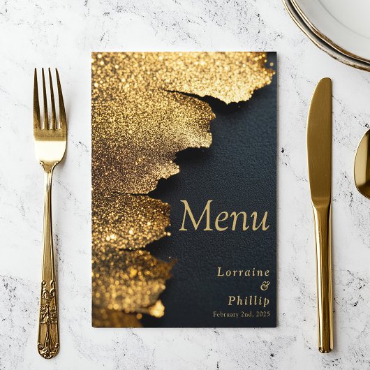 Eleganter Glitzer Gold und Black Wedding Menu Kart Menükarte