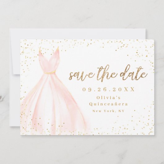 Eleganter Glitzer Gold und rot Kleid Save the Date (Vorderseite)