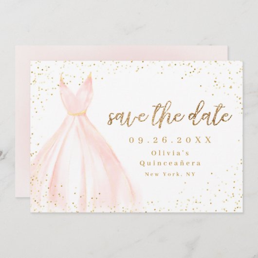 Eleganter Glitzer Gold und rot Kleid Save the Date (Vorne/Hinten)