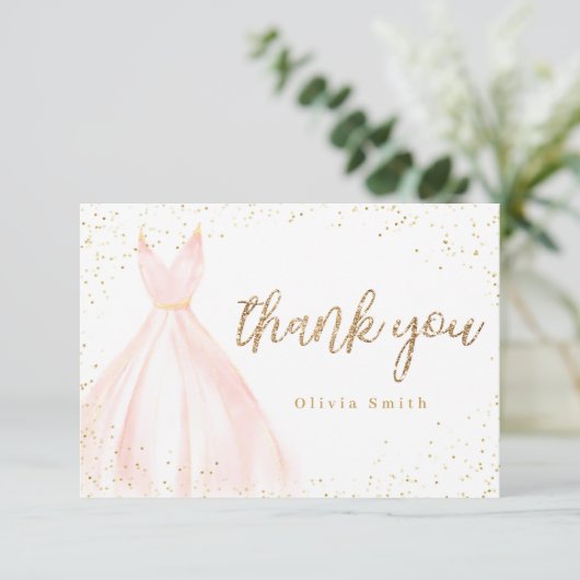 Eleganter Glitzer goldfarbenes Kleid quinceañera Dankeskarte (Stehend Vorderseite)