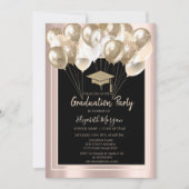 Eleganter Glitzer Grad Cap, Balloons Rose Gold Einladung (Vorderseite)