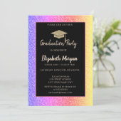 Eleganter Glitzer Grad Cap Bunter Glitzer Einladung (Stehend Vorderseite)