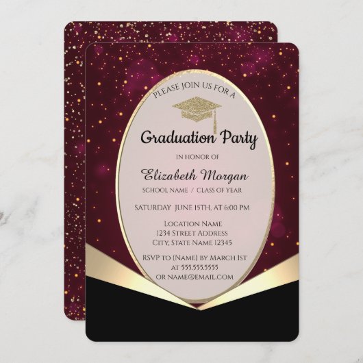 Eleganter Glitzer Grad Cap, Confetti Abschluss Einladung (Vorne/Hinten)