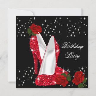 Eleganter Glitzer High Heels Rote Rose Geburtstag  Einladung