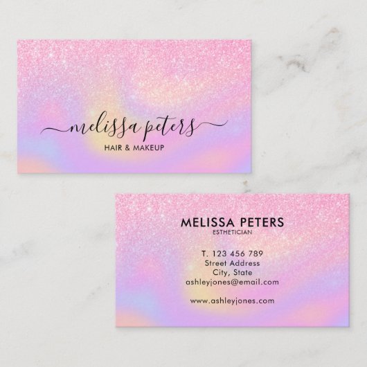 Eleganter Glitzer Holographic Script Makeup Artist Visitenkarte (Vorne/Hinten)