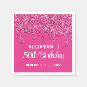 Eleganter Glitzer Hot Pink Tropfen 50. Geburtstag Serviette