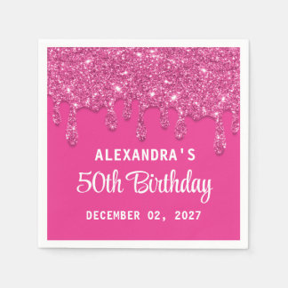 Eleganter Glitzer Hot Pink Tropfen 50. Geburtstag Serviette