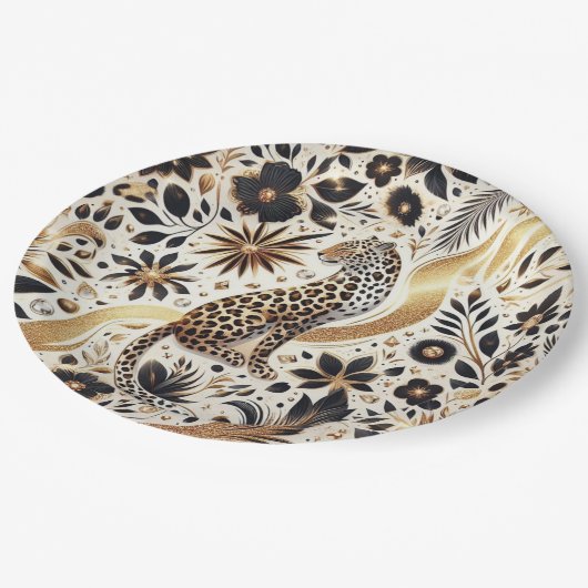 Eleganter Glitzer Leopard aus Schwarz und Gold Pappteller (Schrägansicht)