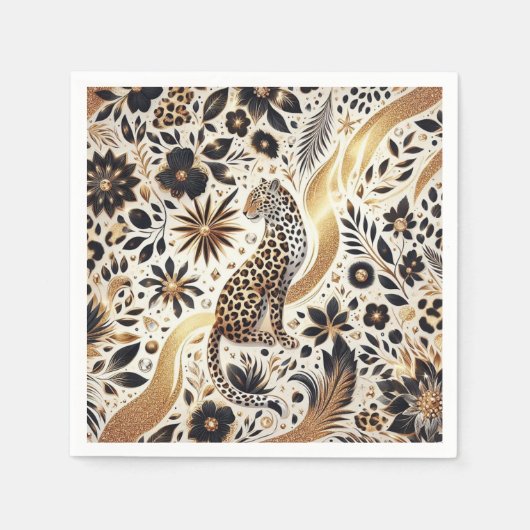 Eleganter Glitzer Leopard aus Schwarz und Gold Serviette (Vorderseite)