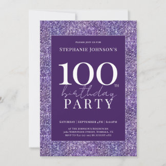 Eleganter Glitzer Lila 100. Geburtstagsparty Einladung