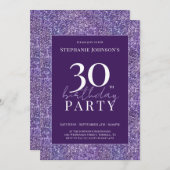 Eleganter Glitzer Lila 30. Geburtstag Party Einladung (Vorne/Hinten)