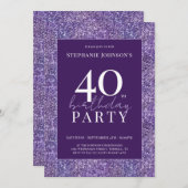 Eleganter Glitzer Lila 40. Geburtstag Party Einladung (Vorne/Hinten)