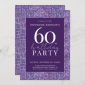 Eleganter Glitzer Lila 60. Geburtstagsparty Einladung (Vorne/Hinten)
