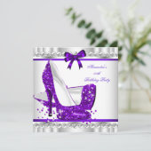 Eleganter Glitzer Lila Glamour High Heel Silver 3c Einladung (Stehend Vorderseite)