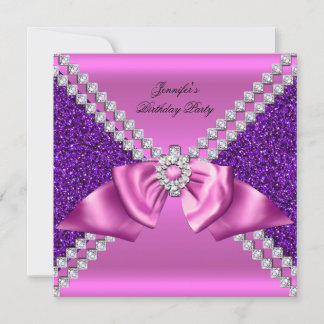 Eleganter Glitzer Lila Pink Diamond Bow Geburtstag Einladung