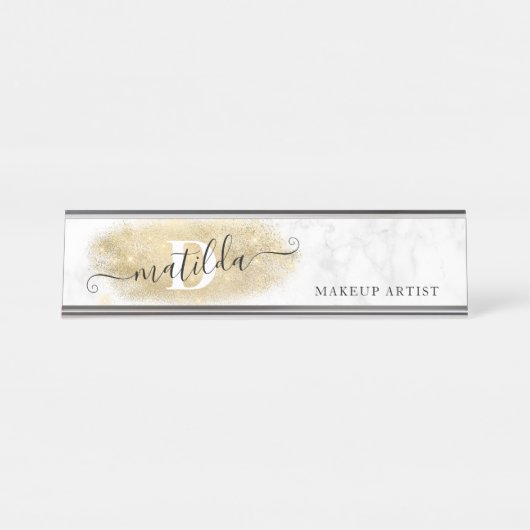 Eleganter Glitzer-Marmor-Makeup-Künstler Schreibtischnamensplakette (Vorderseite )