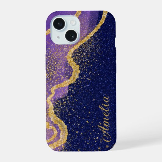 Eleganter Glitzer mit Monogramm Name iPhone 15 Hülle (Rückseite)