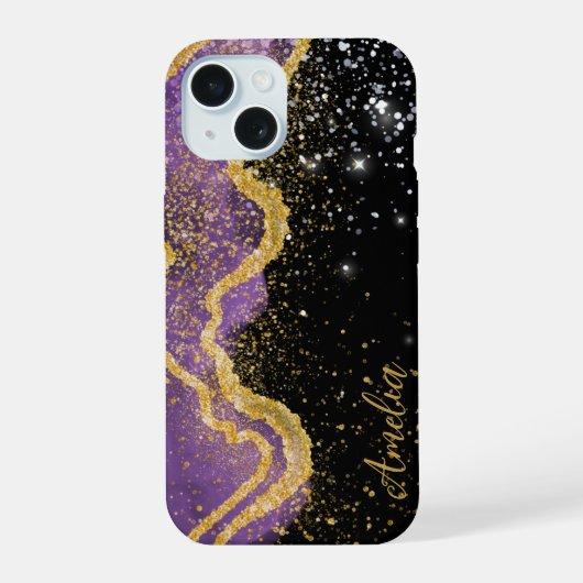 Eleganter Glitzer mit Monogramm Name iPhone 15 Hülle (Rückseite)
