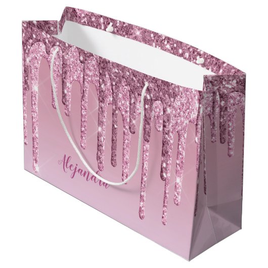 Eleganter Glitzer mit rosa Rosengold Tropfen Große Geschenktüte (Rückseite Schrägansicht)