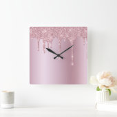 Eleganter Glitzer mit rosa Rosengold Tropfen Quadratische Wanduhr (Zuhause)