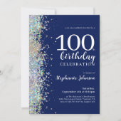 Eleganter Glitzer Navy Blue 100. Geburtstag Einladung (Vorderseite)
