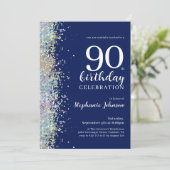 Eleganter Glitzer Navy Blue 90. Geburtstag Einladung (Stehend Vorderseite)