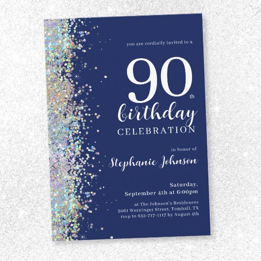 Eleganter Glitzer Navy Blue 90. Geburtstag Einladung