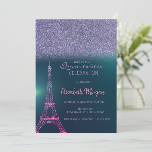 Eleganter Glitzer Ombre, Eiffelturm Quinceanera Einladung (Stehend Vorderseite)