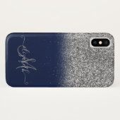 Eleganter Glitzer Ombre Silver Monogram Navy Blue Case-Mate iPhone Hülle (Rückseite (Horizontal))