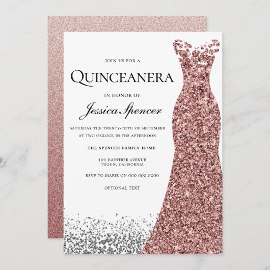 Eleganter Glitzer Rose Gold Dress Quinceanera Einl Einladung (Vorne/Hinten)