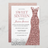 Eleganter Glitzer Rose Gold Dress Sweet 16 Einladu Einladung (Vorne/Hinten)