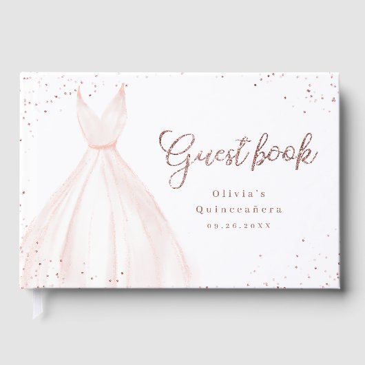 Eleganter Glitzer Rose Gold rosa Kleid quinceañera Gästebuch (Vorderseite)