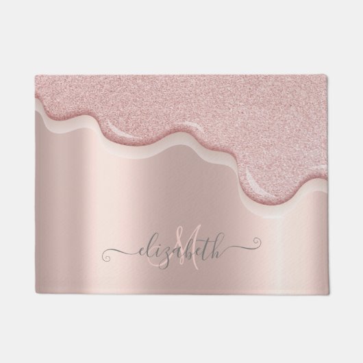 Eleganter Glitzer Rose Gold Tropfen Monogramm Fußmatte (Vorderseite)