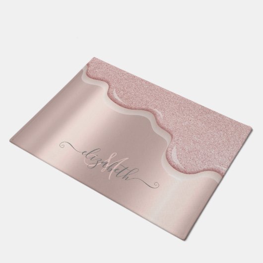 Eleganter Glitzer Rose Gold Tropfen Monogramm Fußmatte (Schrägansicht)