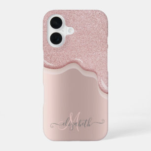 Eleganter Glitzer Rose Gold Tropfen Monogramm iPhone 16 Hülle