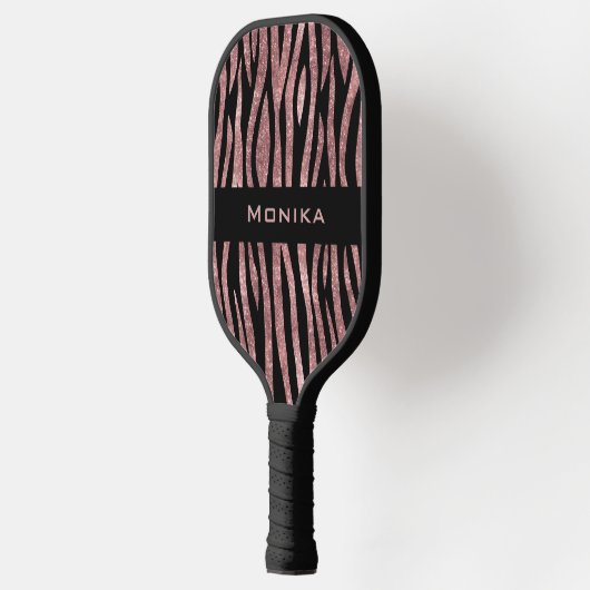 Eleganter Glitzer Rose Goldene Tierhaut Zebra Prin Pickleball Schläger (Links)