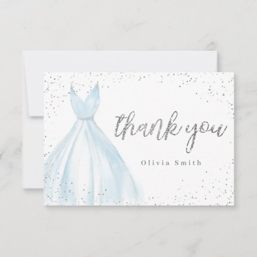 Eleganter Glitzer silberblaues Kleid quinceañera Dankeskarte (Vorderseite)