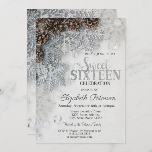Eleganter Glitzer Snowflakes Pine Cones Sweet 16 Einladung (Vorne/Hinten)
