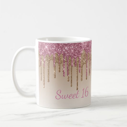 Eleganter Glitzer Sweet 16 Glam Script Ombré Spark Kaffeetasse (Links)