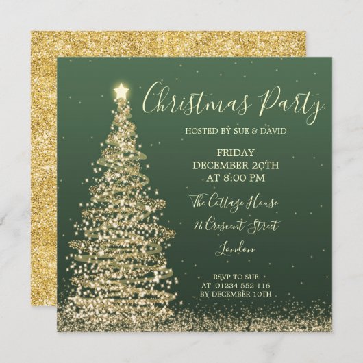 Eleganter Glitzer Tree Green Christmas Party Einladung (Vorne/Hinten)